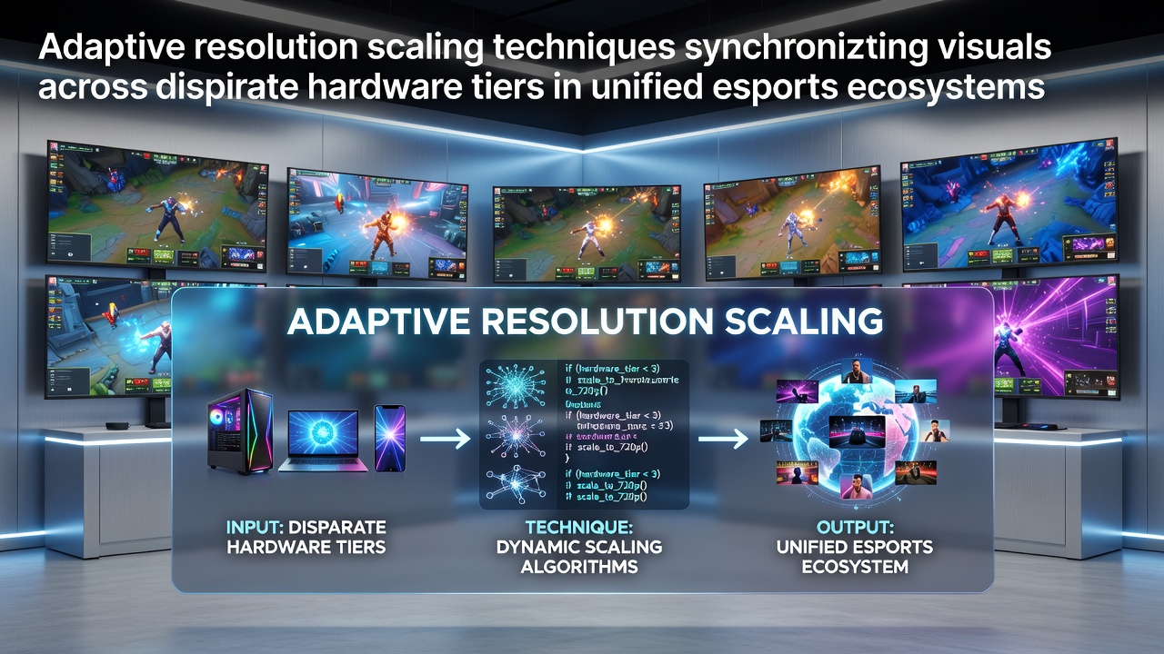 Visual comparison showing adaptive resolution scaling synchronizing graphics across high-end PC, console, and mobile devices in an esports tournament setting
