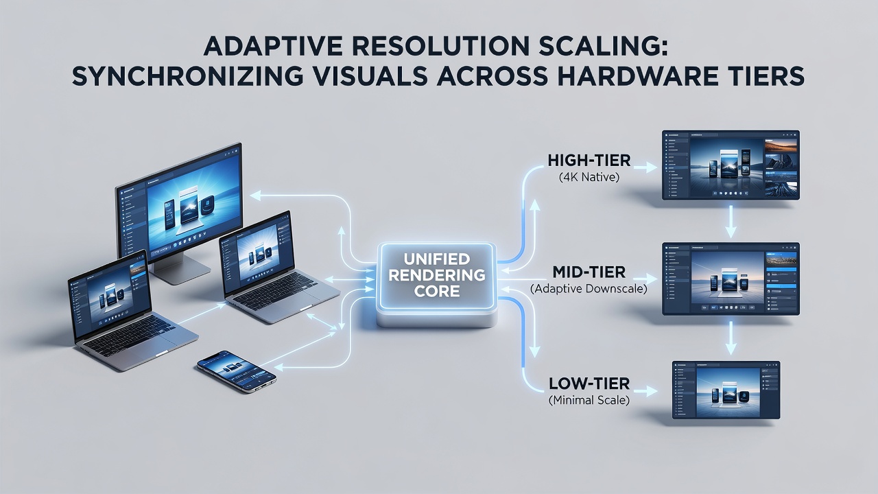 Diagram illustrating resolution scaling layers applied across PC, console, and handheld hardware tiers during synchronized esports matches