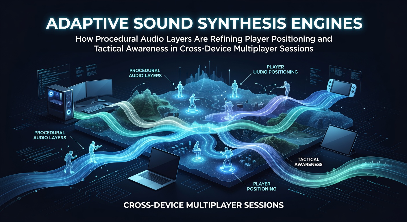 Visualization of adaptive sound synthesis layers mapping audio cues to player positions in a cross-device multiplayer environment