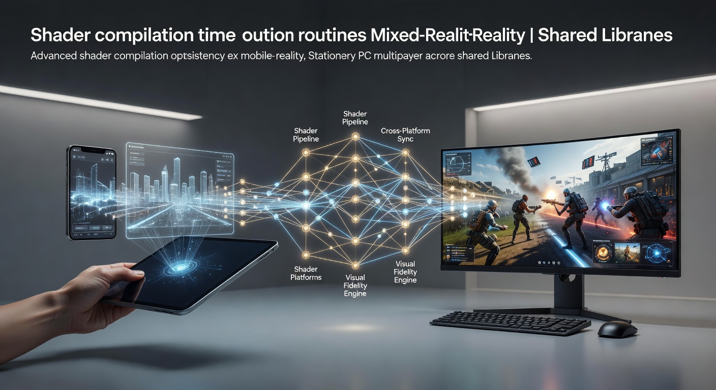 Advanced shader compilation processes optimizing graphics pipelines between mobile mixed-reality devices and desktop PC environments in multiplayer game libraries