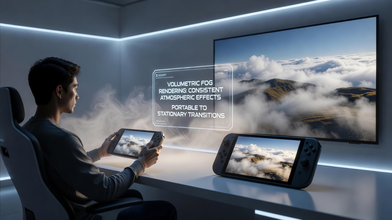 Diagram showing volumetric fog rendering pipeline adapting across portable handheld devices and stationary PC setups with consistent atmospheric density layers
