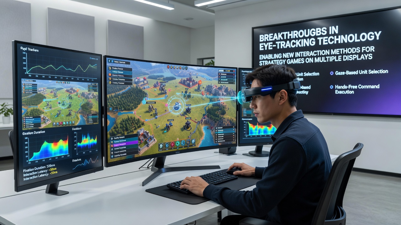 Player using eye-tracking to command units in a cross-platform strategy game session
