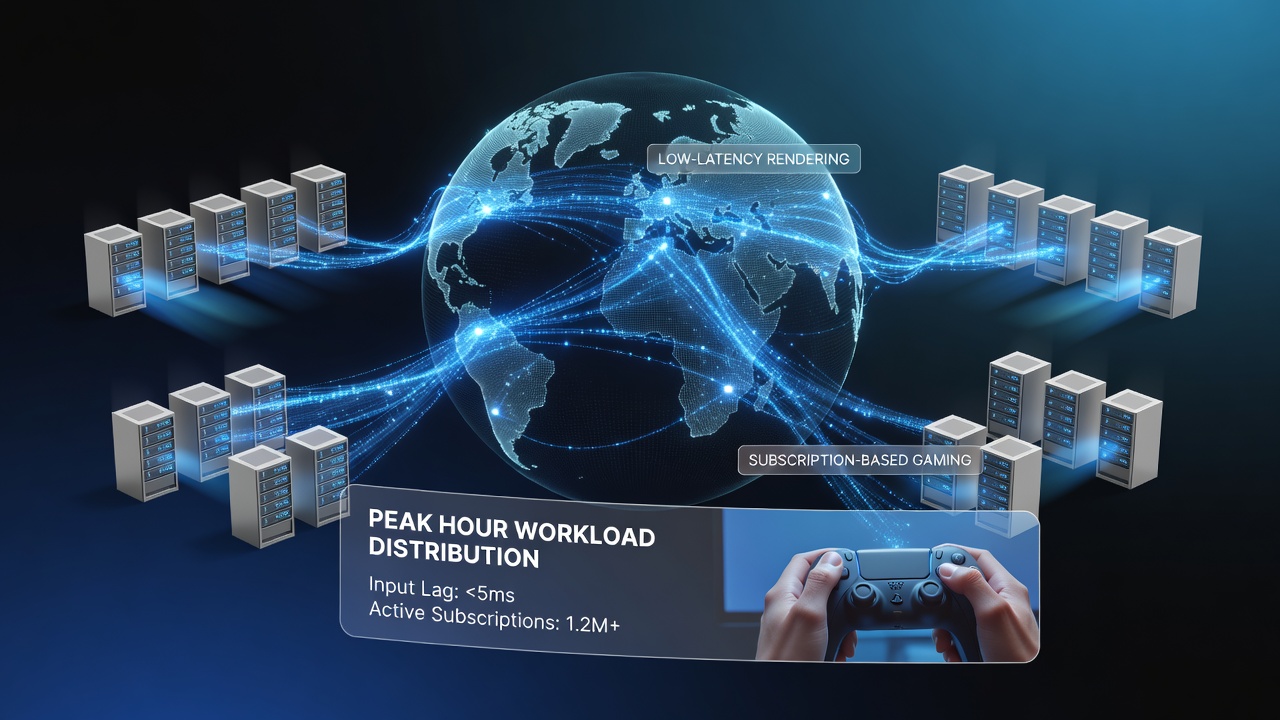 Cloud rendering farm servers processing game workloads across multiple nodes during high-traffic periods