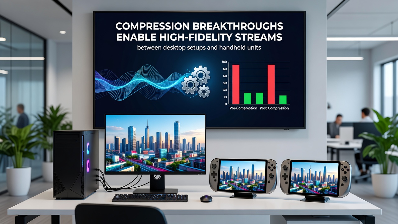 Close-up view of streaming compression workflow between devices