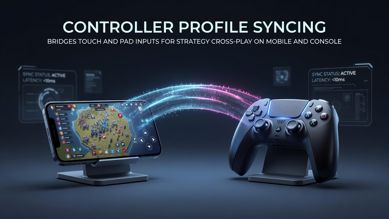 Diagram showing controller profile syncing between mobile touchscreens and console gamepads for strategy game cross-play