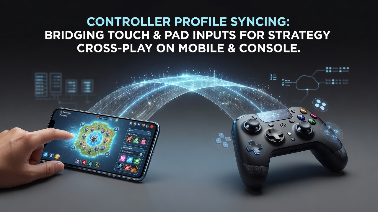 Mobile player and console gamer competing together in a strategy title using synced controller profiles