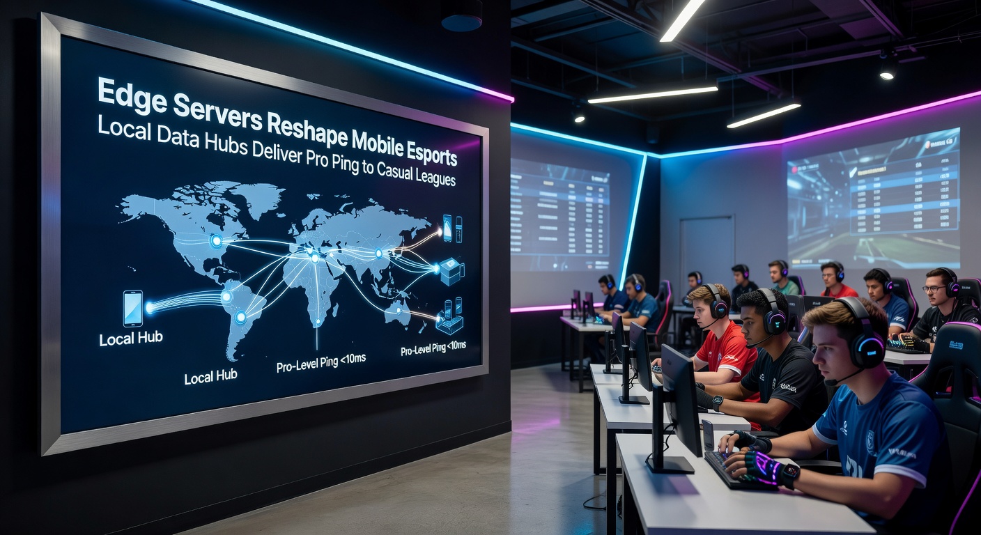 Compact edge server rack deployed at a bustling mobile esports venue, surrounded by players on smartphones and low-latency network cables