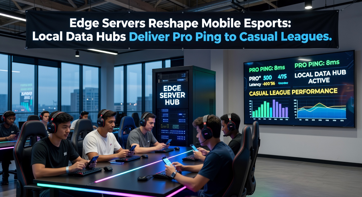 Mobile gamers competing in a casual league under LED screens, with edge server indicators showing real-time ping under 20ms
