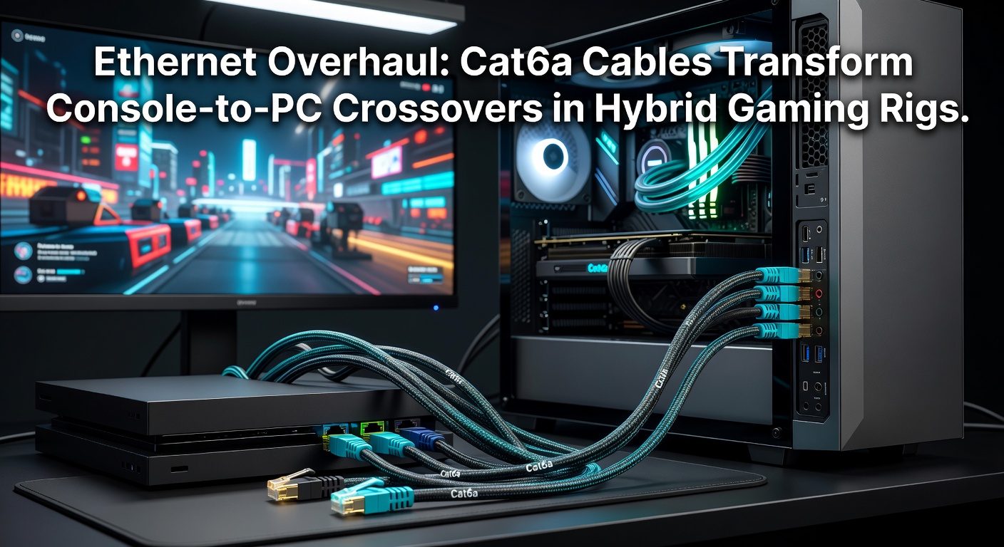 Close-up of a Cat6a Ethernet cable connecting a gaming PC to a console in a hybrid rig setup, showcasing shielded connectors and organized cabling