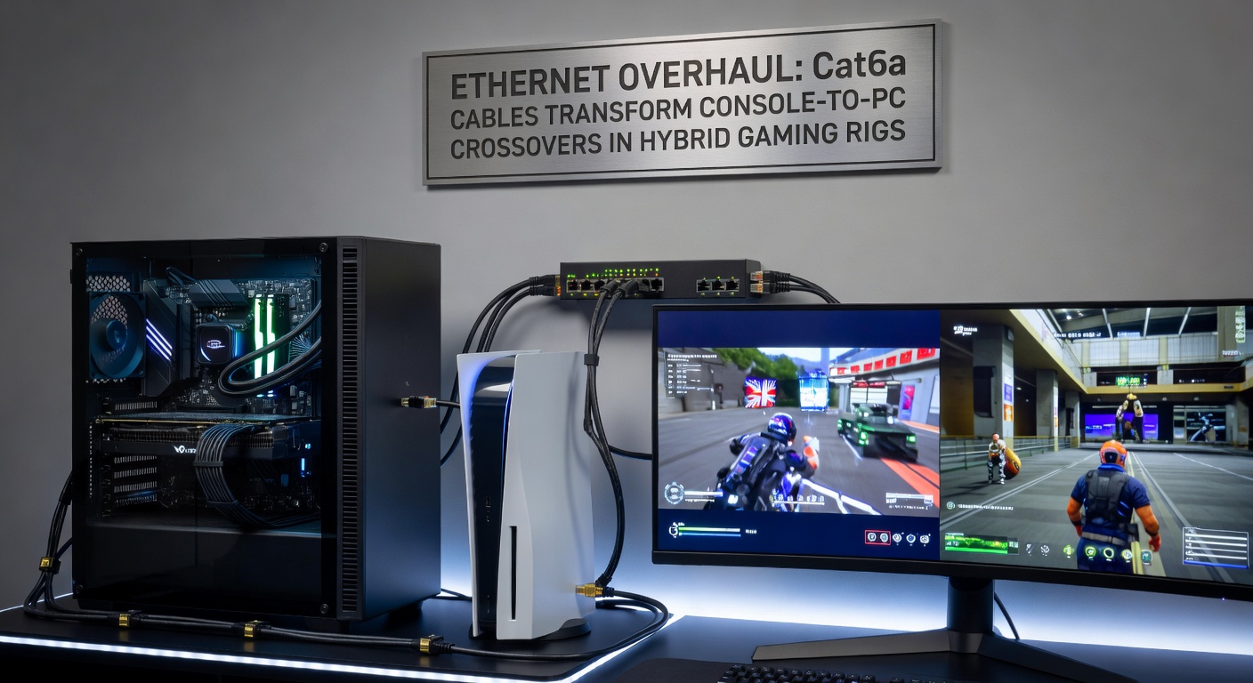 Hybrid gaming rig in action, with Cat6a cables routing Ethernet from a PC tower to console stack, monitors displaying cross-play multiplayer