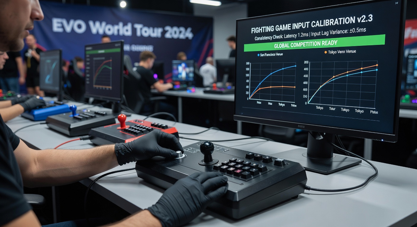 Technicians calibrating fight sticks and controllers on a tournament setup table with precision tools and measurement devices