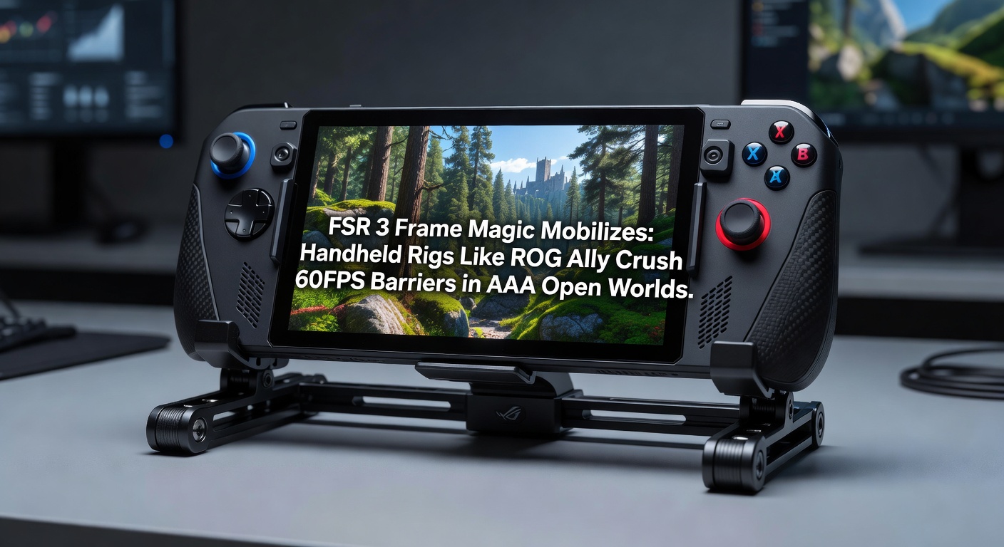 ASUS ROG Ally handheld gaming device displaying a lush AAA open-world game at over 60 FPS with FSR 3 frame generation active, showcasing smooth gameplay in a cyberpunk cityscape