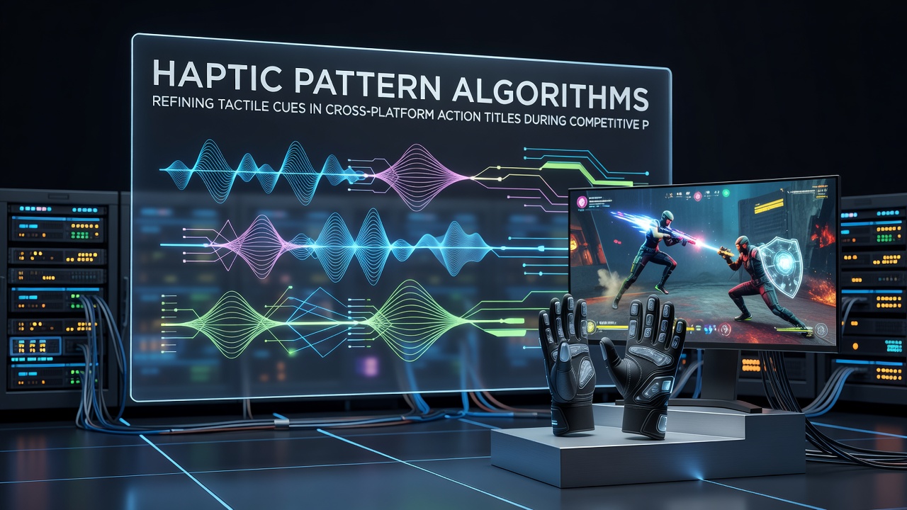 Close-up of algorithm-driven haptic patterns visualized on a tablet interface connected to a console controller in an esports setting