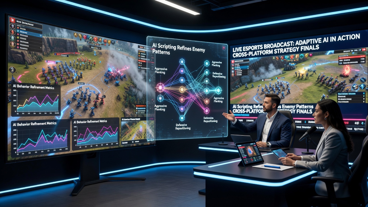 Illustration of adaptive AI enemy behaviors in a strategy game during an esports match