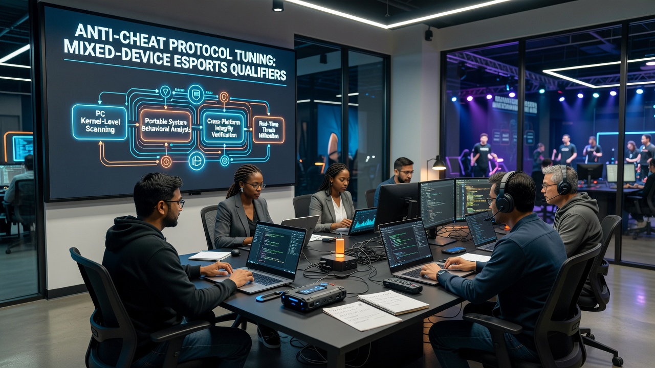 Developers reviewing anti-cheat dashboards across PC and portable esports setups