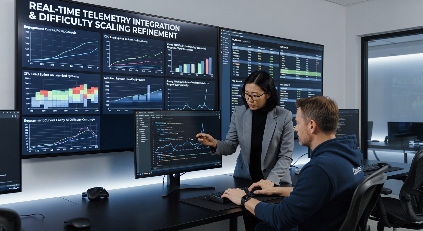 Developers analyzing real-time telemetry data streams from various PC and console hardware setups to adjust game difficulty parameters
