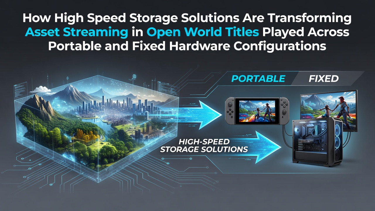 High-speed NVMe SSD modules integrated into portable gaming devices and desktop consoles showing asset streaming pathways
