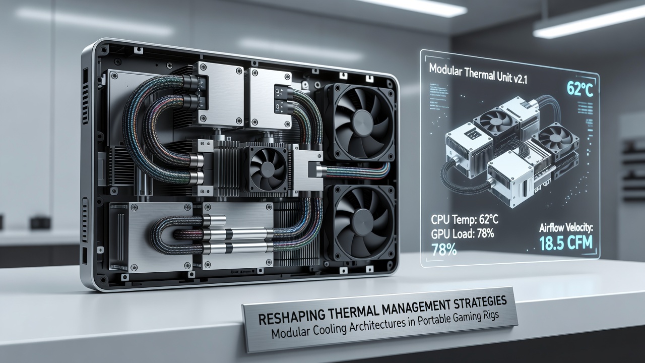 Technician adjusting modular vapor chamber and radiator assembly on a handheld gaming rig mid-tournament