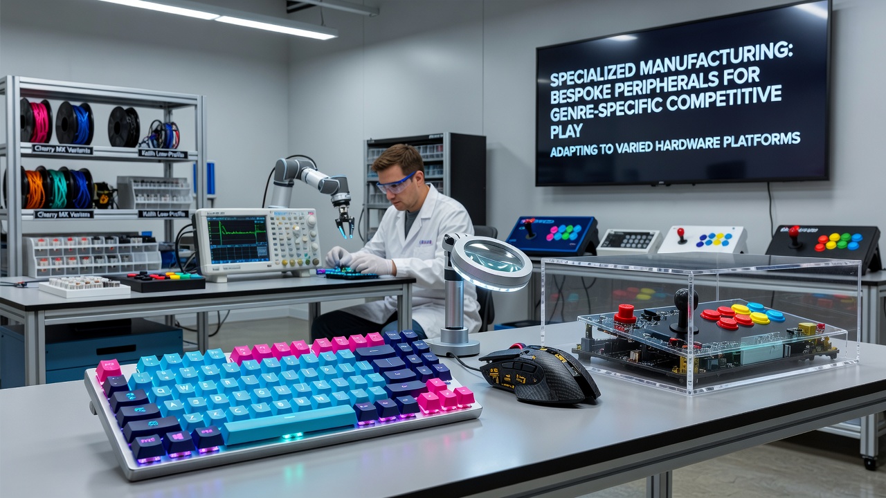 Close-up of custom-machined mechanical keyboard switches and precision-molded analog sticks designed for competitive fighting game and FPS use on mixed console and PC setups