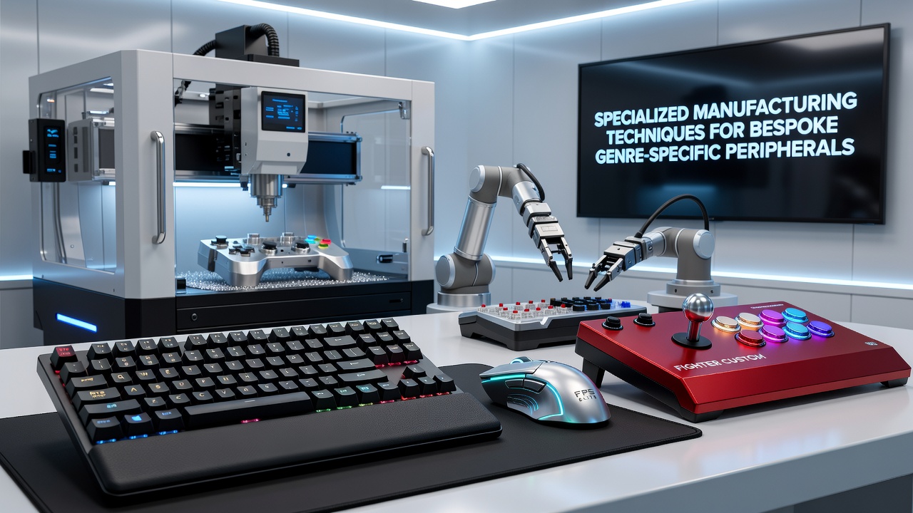 Technician inspecting laser-sintered custom mouse shells and button arrays for esports peripherals compatible with PC and console platforms