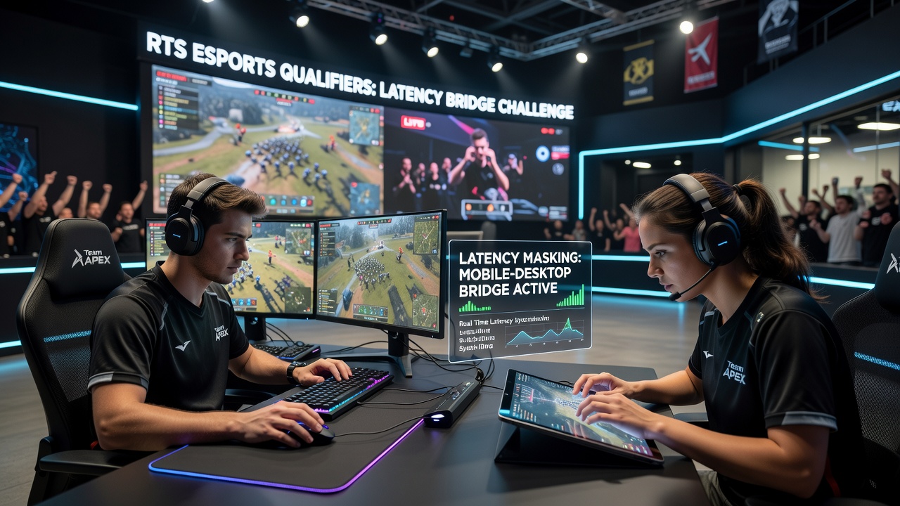 RTS esports players competing on mixed mobile and desktop setups with latency masking overlays visible on tournament screens