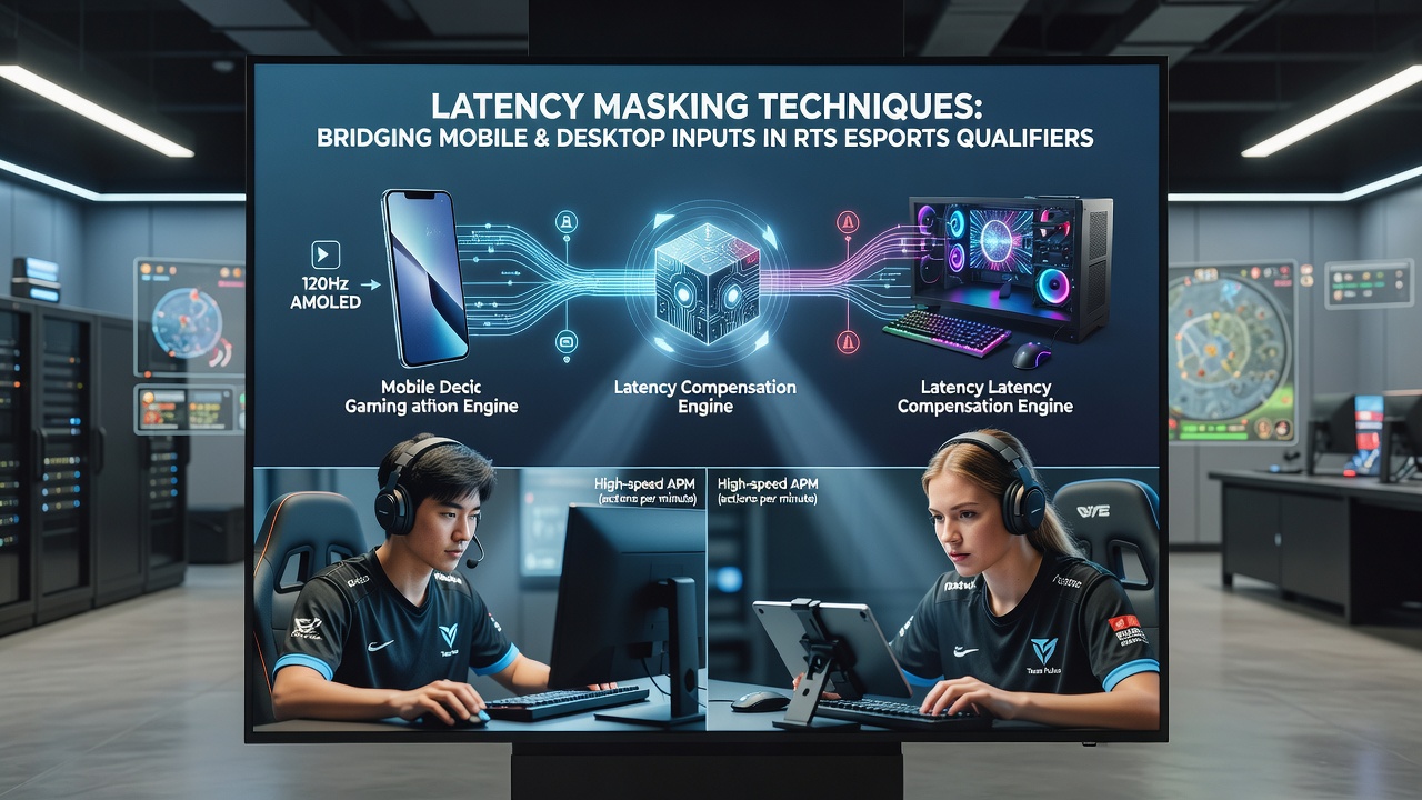 Close-up of latency masking dashboard showing mobile versus desktop input synchronization graphs during an active RTS qualifier match