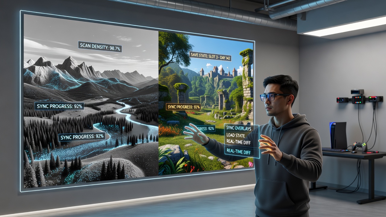 Player using AR headset to view synced open-world elements overlaid on scanned real terrain