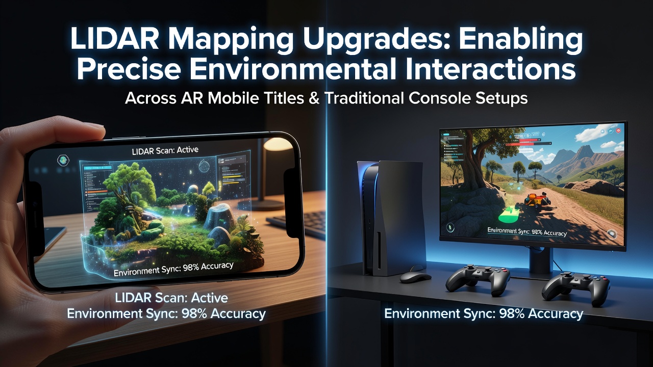 LIDAR sensors integrated into mobile devices mapping AR environments for precise object placement and interaction in gaming scenarios