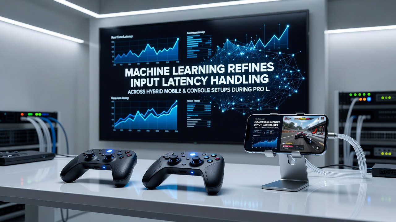 Data visualization dashboard displaying real-time latency compensation metrics during a hybrid mobile and console esports qualifier match
