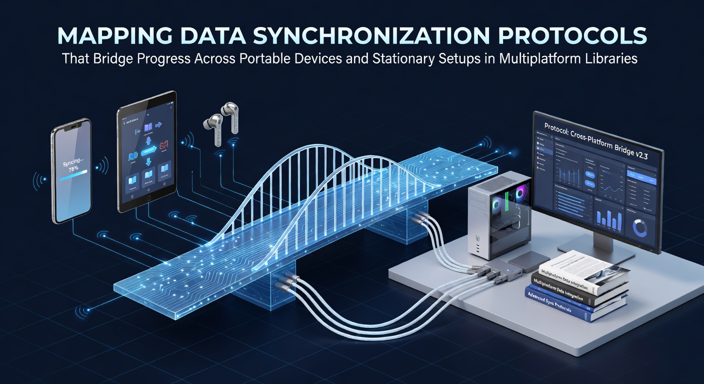 Diagram illustrating data synchronization protocols linking portable devices to stationary setups in multiplatform environments