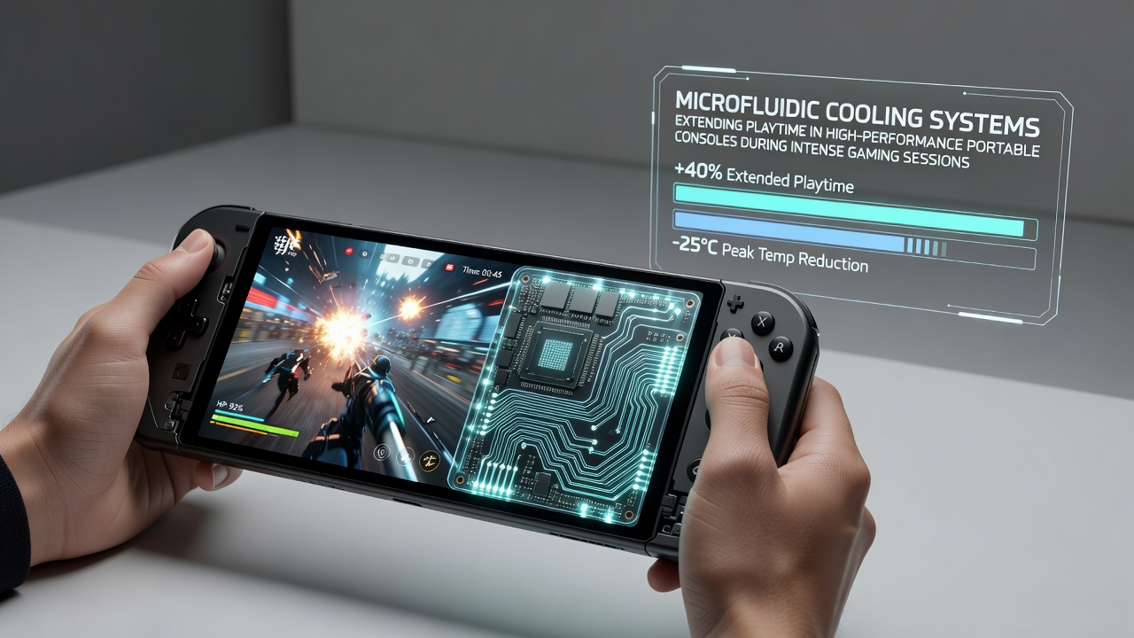 Close-up view of active microfluidic pump assembly inside a high-performance handheld console