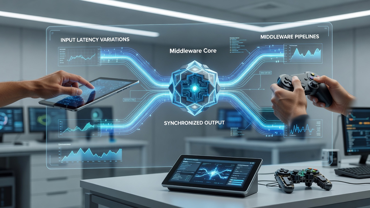 Diagram showing middleware pipeline architecture processing inputs from touchscreens and traditional controllers during testing