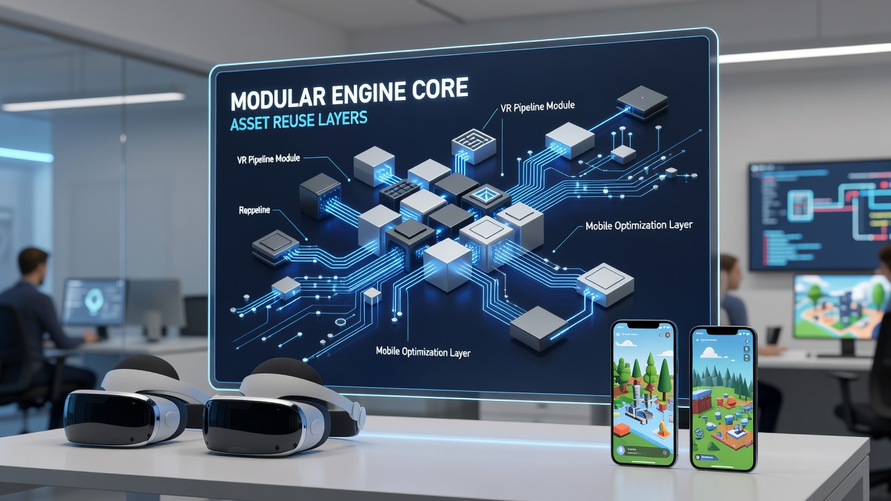 Diagram showing modular engine components shared between VR headsets and mobile devices in a development pipeline