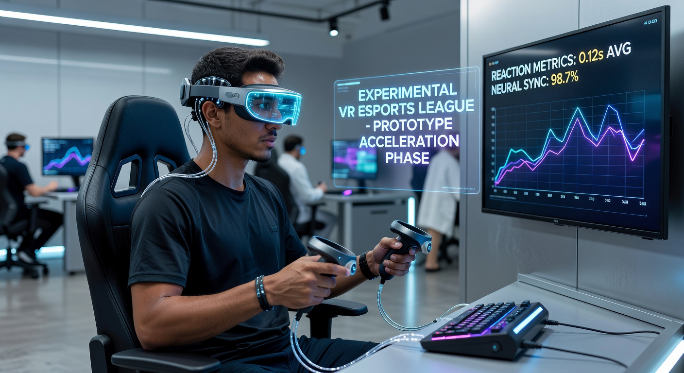 VR esports player wearing neural interface prototype headset during experimental league match