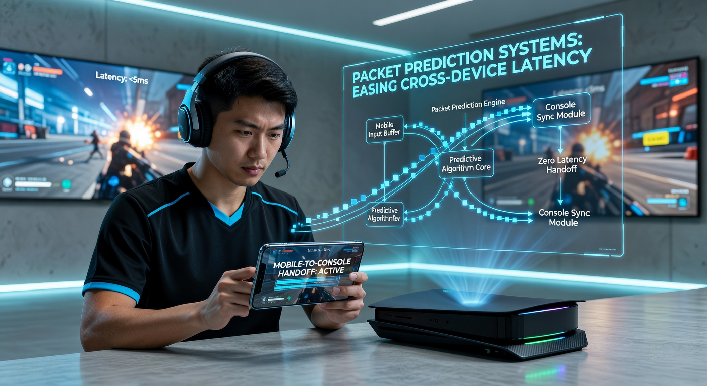 Diagram showing packet prediction algorithms reducing latency during mobile-to-console esports device handoffs