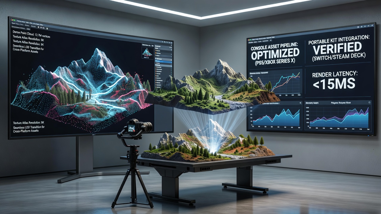Photogrammetry scanning rig capturing intricate environment details in a controlled studio setting for game asset creation