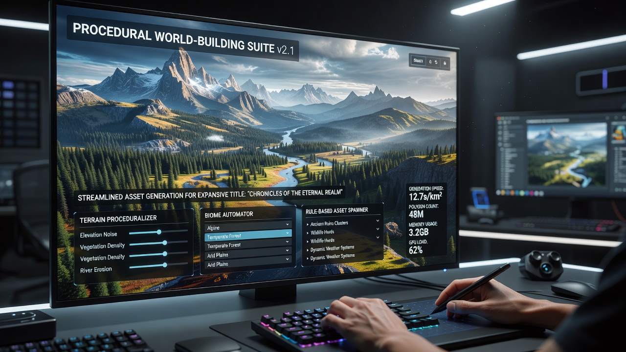 Handheld device running a procedurally generated open-world scene alongside PC editor view