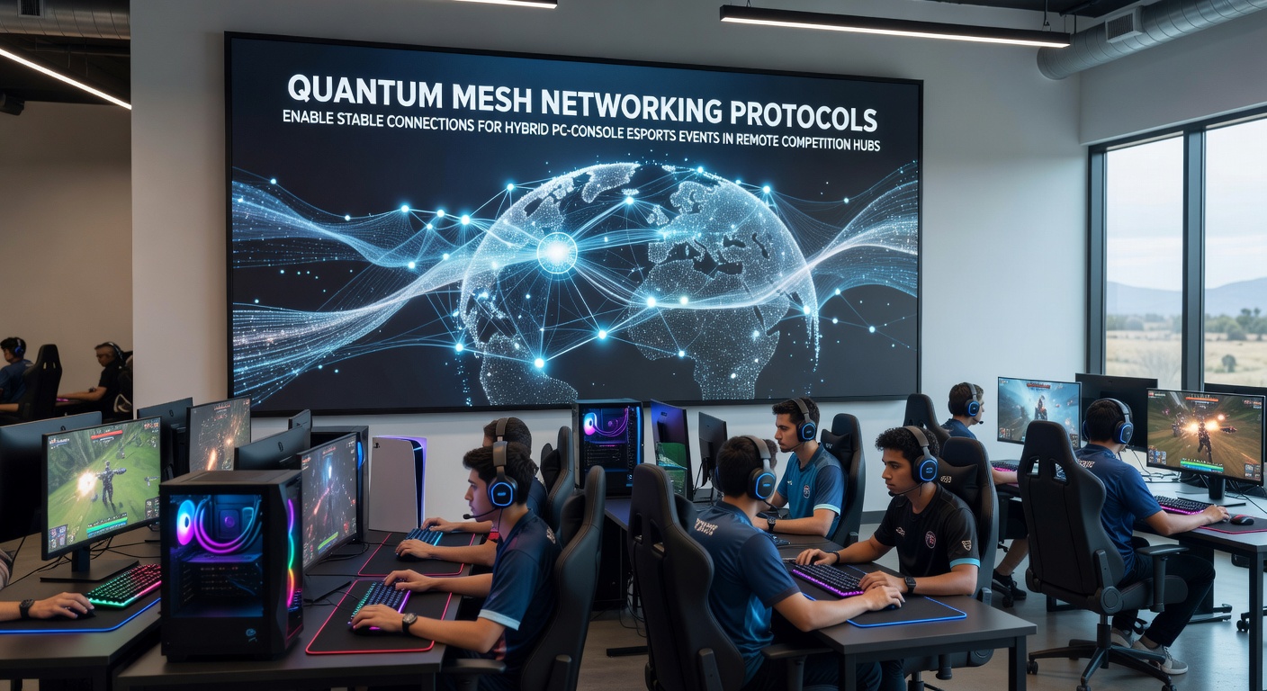 Quantum mesh networking setup connecting PC and console devices in a remote esports competition hub