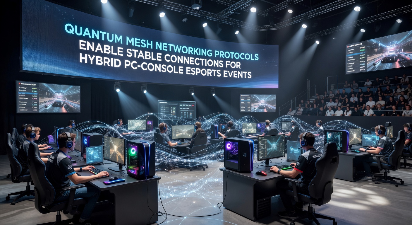 Technicians installing quantum mesh nodes at a remote hybrid esports venue