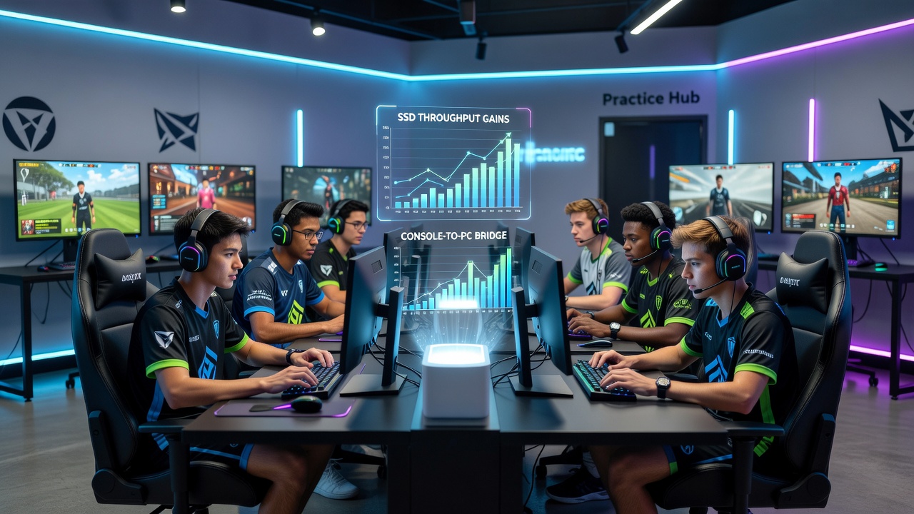 Esports athlete reviewing practice session data on console and PC setups with high-speed SSD integration