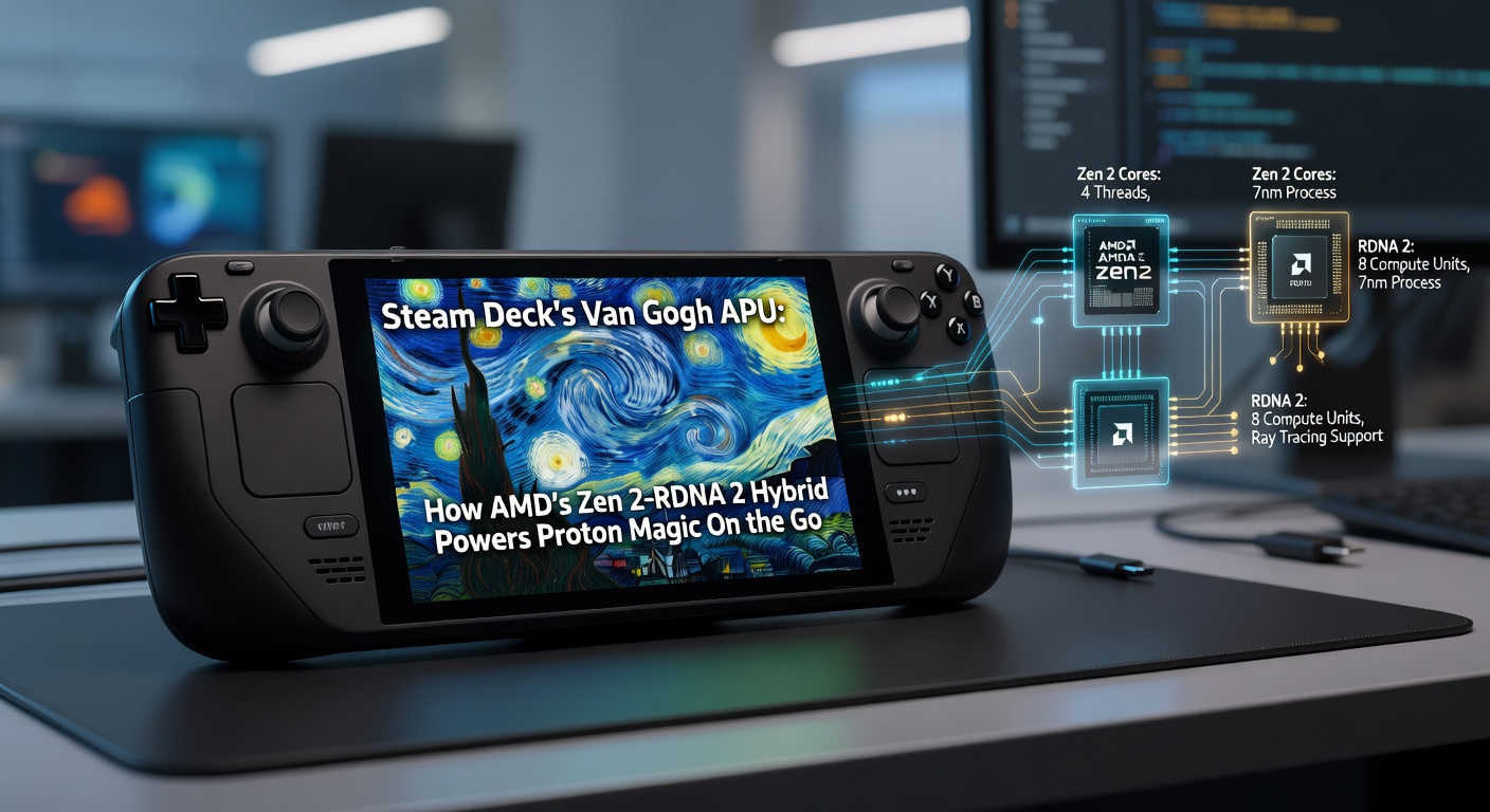 Close-up diagram of the Steam Deck's Van Gogh APU, highlighting the integrated Zen 2 CPU cores and RDNA 2 GPU clusters on a silicon die