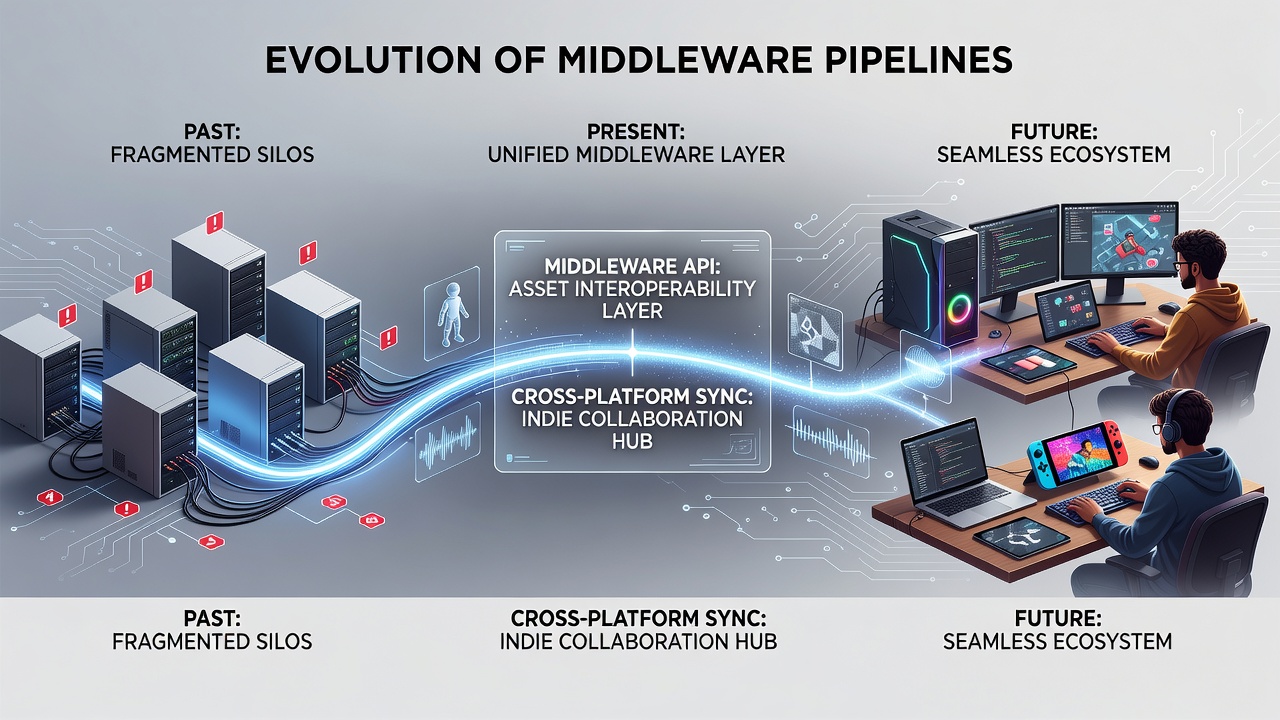 Indie developers collaborating on asset pipelines across PC, console, and mobile hardware setups