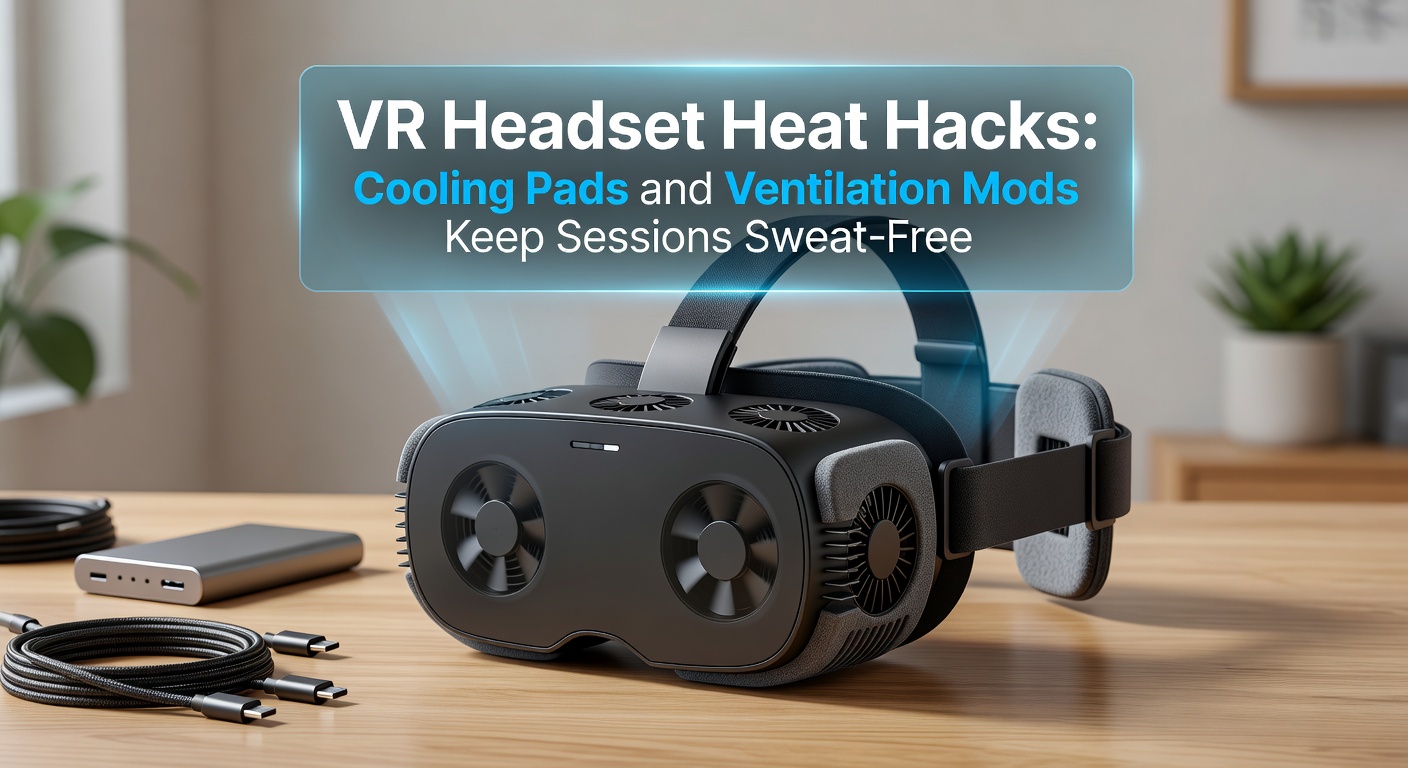 A VR headset equipped with a custom cooling pad and ventilation mods, showing fans and airflow channels during an intense gaming session