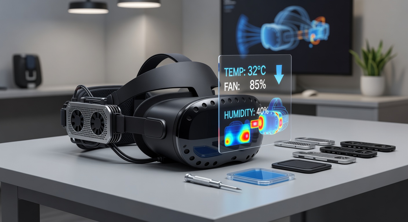 Close-up of a ventilation mod installation on a VR headset, featuring 3D-printed vents, inline fans, and airflow diagrams illustrating improved cooling efficiency