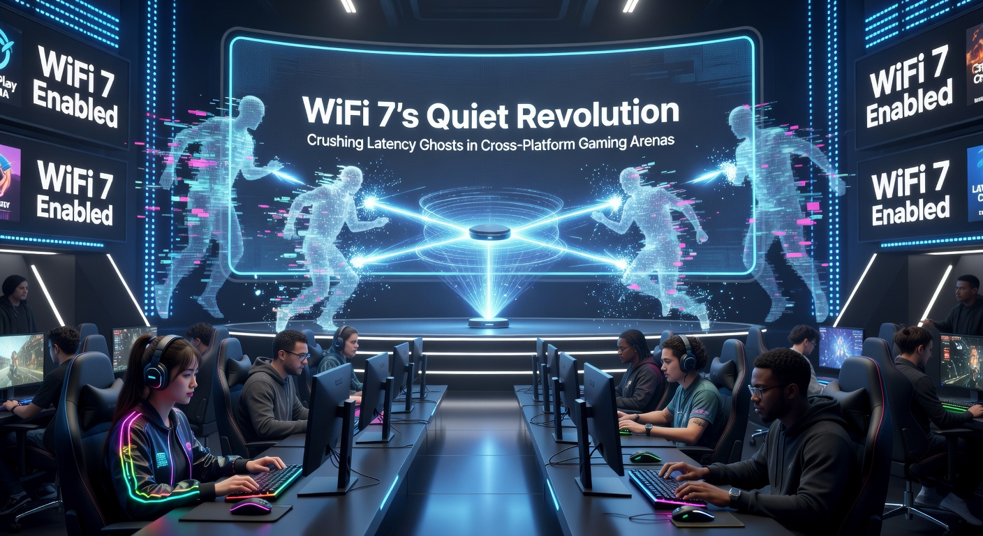 A high-end gaming router emitting WiFi 7 signals, surrounded by devices like a PC, console, and mobile phone connected in a cross-platform session, illustrating low-latency wireless networking.