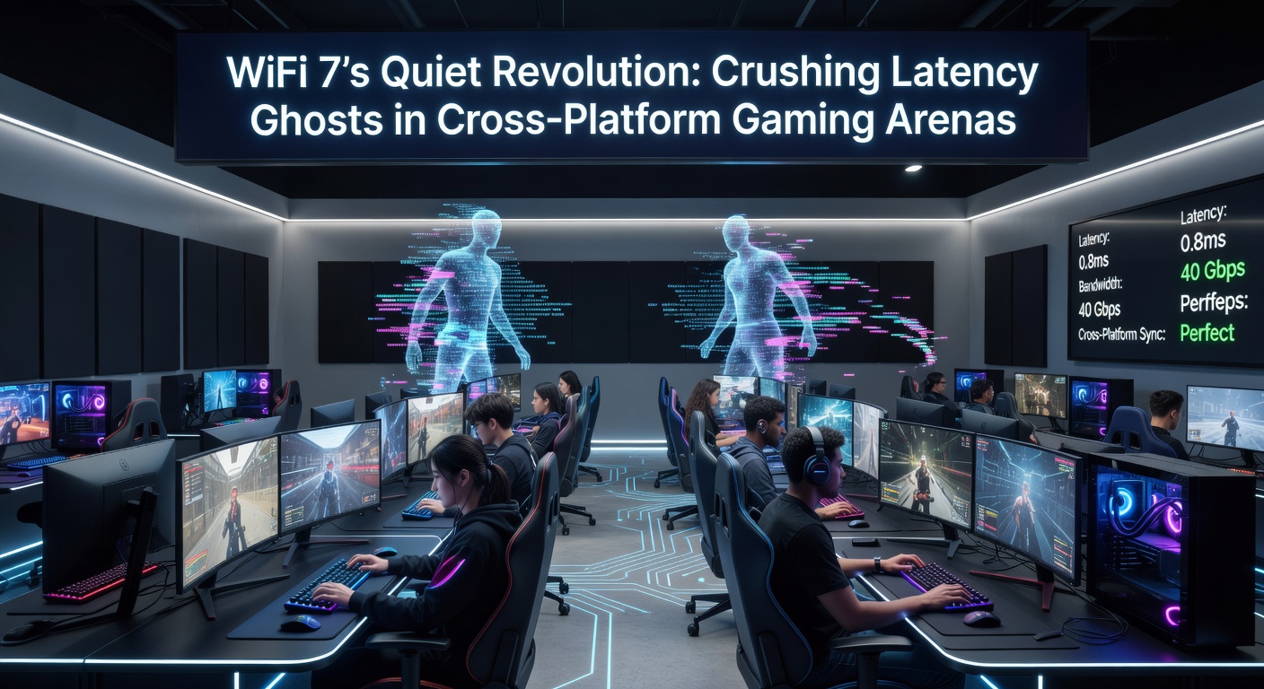 Close-up of WiFi 7 chipset in action, showing data streams flowing across multiple frequency bands to a gaming console and PC in a low-latency setup.